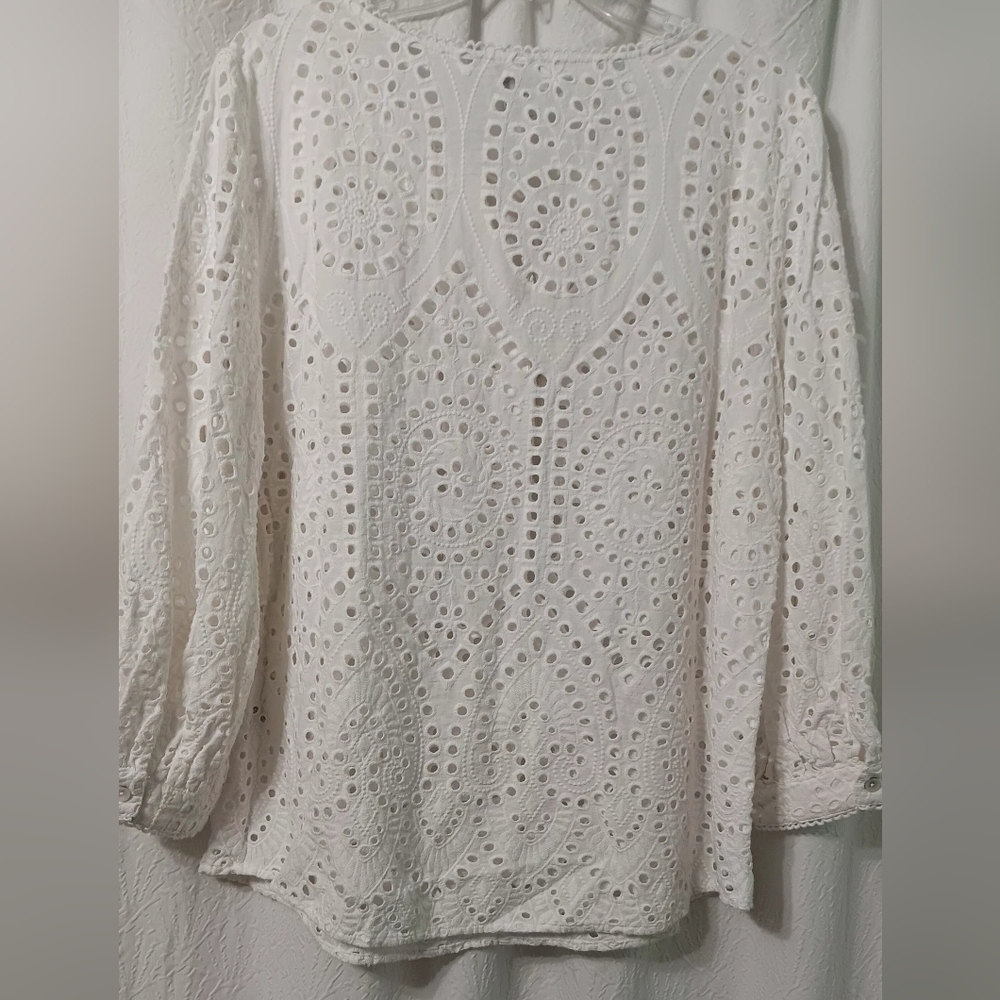 Chicos  Eyelet Tunic Top  White Tassled Cotton Cottagecore Boho Coastal SZ 16/18 - Picture 4 of 10